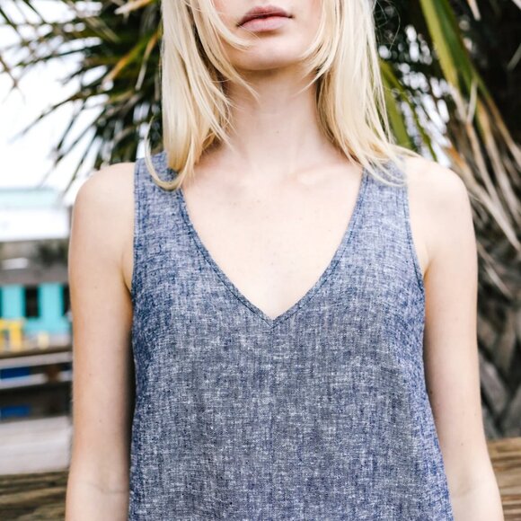 Made In The USA Linen Mini Shift Dress Boho Coastal Cowgirl Grandma Nautical - Picture 3 of 11